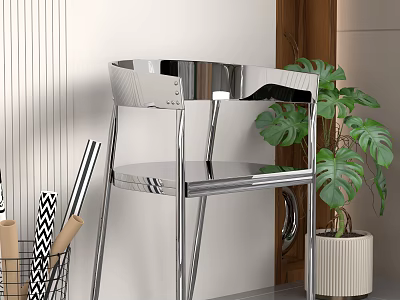 Contemporary Chromed Lounge Chair Design With Minimalist Structure And Potted Plant In Indoor Setting 3d model