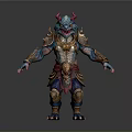 Man In Mythical Monster Outfit With Blue Skin Horns And Red Belt Armor