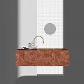 Modern Bathroom Vanity With Red Marble Countertop Round Mirror Gold Faucet And White Grid Tiles