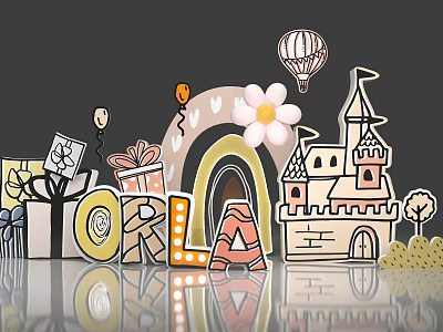 Cartoon Style Photo Check-in Spot With Castle Hot Air Balloon Gift Boxes And Rainbow Arch 3d model