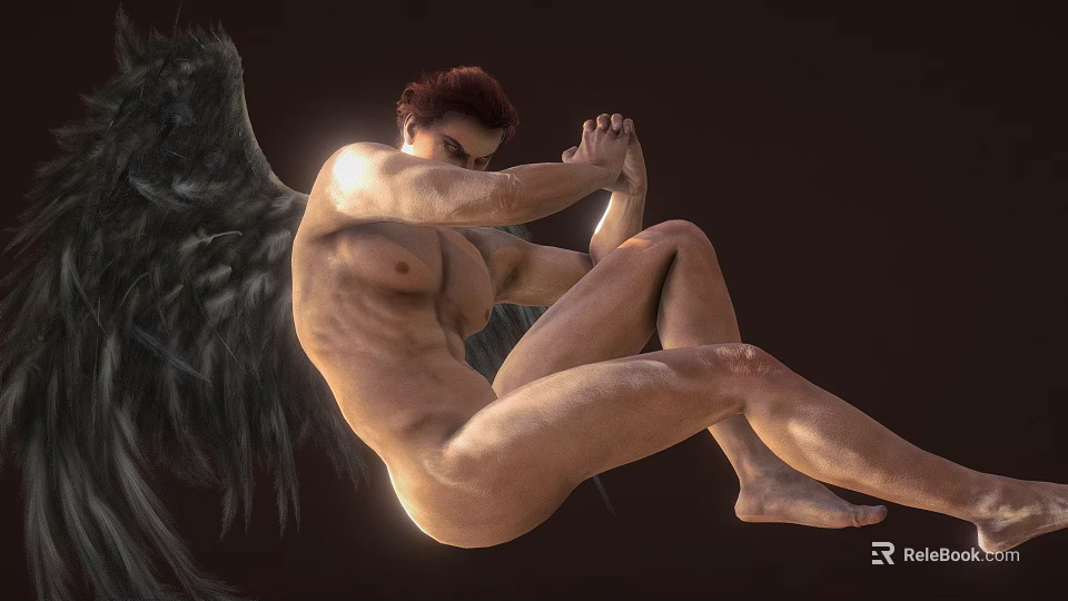 Black Winged Muscular Male Nude Figure Sitting with Crossed Arms and Knees Against Dark Background 3d model 