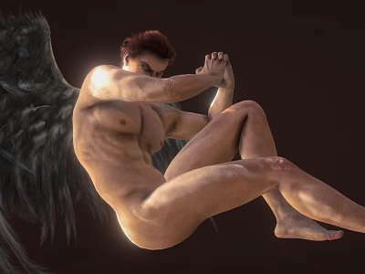 Black Winged Muscular Male Nude Figure Sitting with Crossed Arms and Knees Against Dark Background 3d model