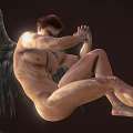 Black Winged Muscular Male Nude Figure Sitting with Crossed Arms and Knees Against Dark Background