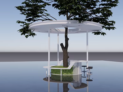 Modern White Circular Landscape Pavilion With Central Tree Lawn And Water Reflection 3d model