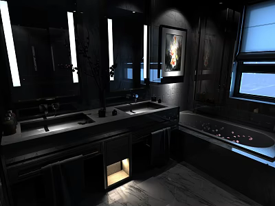 Sleek Dark Luxury Bathroom With Double Sink Vanity And Cozy Soaking Bathtub And Art Decor 3d model
