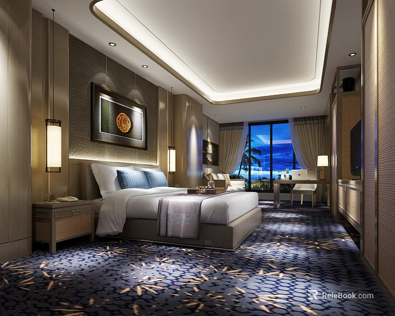 Luxurious Hotel Room Interior With King Bed Large Window Decorative Painting And Patterned Carpet 3d model 