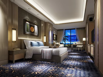 Luxurious Hotel Room Interior With King Bed Large Window Decorative Painting And Patterned Carpet 3d model