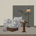 Patterned Single Sofa With Side Table Green Plant Floor Lamp And Gray Wall Carpet 3d model