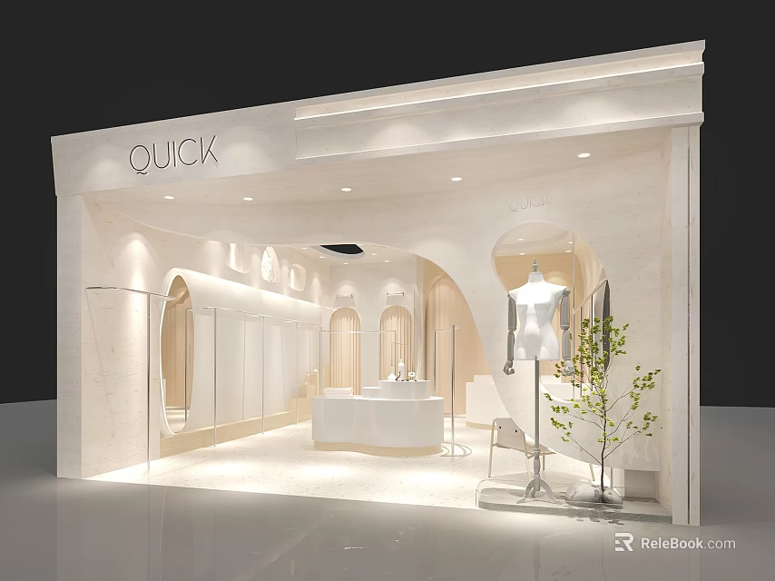 Elegant Modern Clothing Store With Arch Design Display Mannequin And Green Plant 3d model 