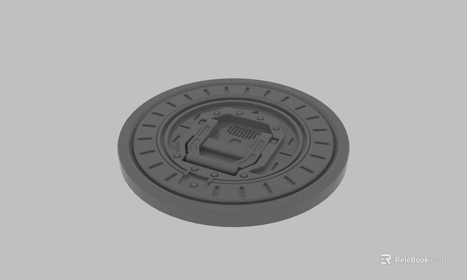 Gray Circular Manhole Cover With Textured Surface And Square Center Design 3d model 