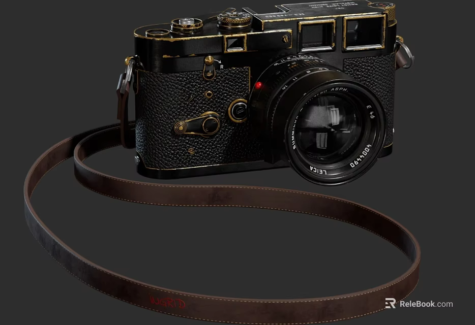 Vintage Digital Camera With Leather Strap Black Body And Gold Accents Lens 3d model 