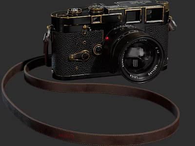 Vintage Digital Camera With Leather Strap Black Body And Gold Accents Lens 3d model
