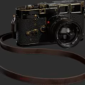 Vintage Digital Camera With Leather Strap Black Body And Gold Accents Lens