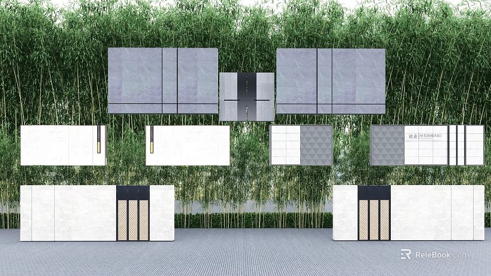 Modern Scenic Feature Wall with Lush Bamboo Backdrop and Geometric Stone Panels 3d model 