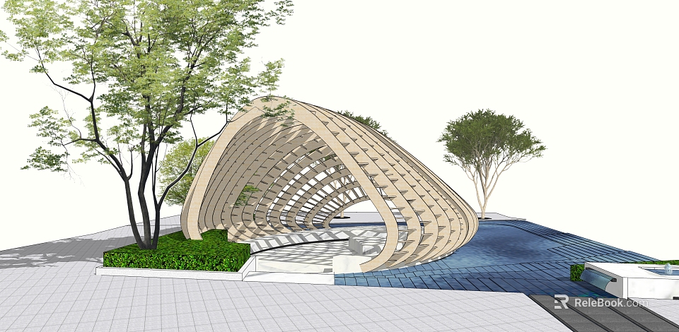 Modern Wooden Pergola With Curved Lattice Design And Outdoor Trees Grass Water Feature 3d model 