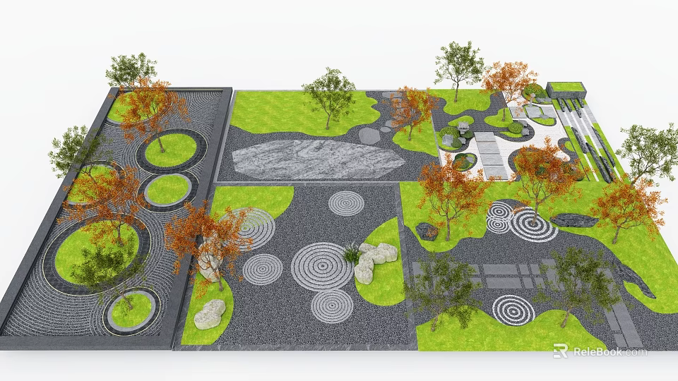 Micro Terrain Landscape Design With Green Lawn Circular Patterns Stones And Trees 3d model 