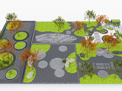 Micro Terrain Landscape Design With Green Lawn Circular Patterns Stones And Trees 3d model