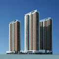 Three Modern High Rise Residential Buildings Exterior With Blue Sky