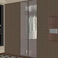 Modern Wooden Wardrobe with Glass Doors Woven Panels Hanging Clothes and Lit Shelves