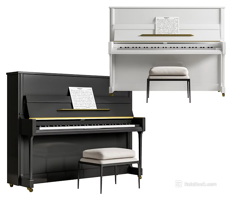 Elegant Black And White Piano Instruments With Stool And Sheet Music For Home 3d model 