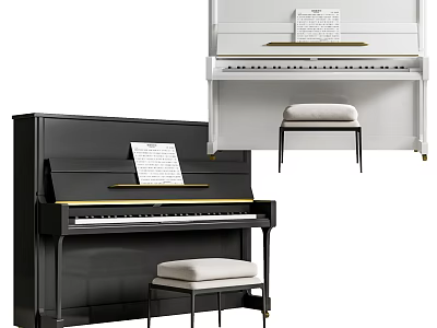 Elegant Black And White Piano Instruments With Stool And Sheet Music For Home 3d model