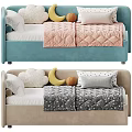 Blue And Beige Kids Bed With Pink Gray Quilts And Banana Cloud Shaped Pillows
