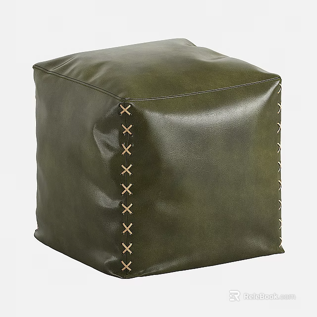 Stylish Olive Green Leather Ottoman Featuring Cross Stitching And Decorative Studs 3d model 