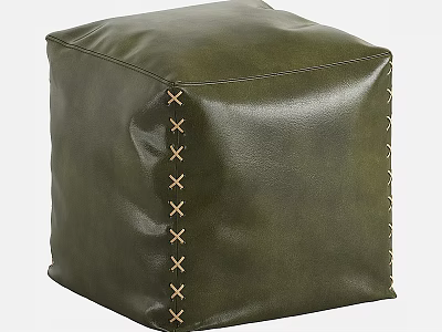 Stylish Olive Green Leather Ottoman Featuring Cross Stitching And Decorative Studs 3d model