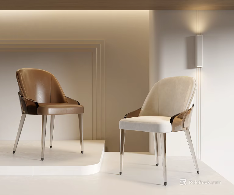 Modern Upholstered Dining Chairs With Brown Beige Leather And Metal Legs In Elegant Interior 3d model 