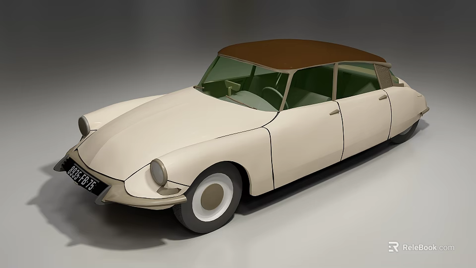 Cream Colored Vintage Car Featuring Brown Top And Classic Retro Design 3d model 