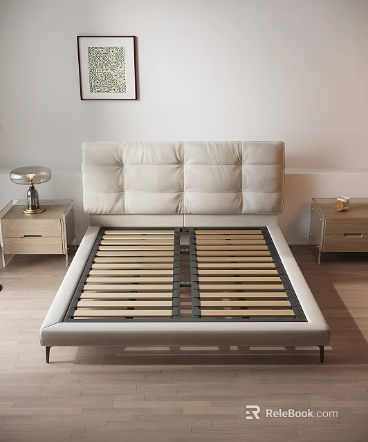 Modern Minimalist Double Bed With Padded Headboard Wooden Slats And Nightstands 3d model 