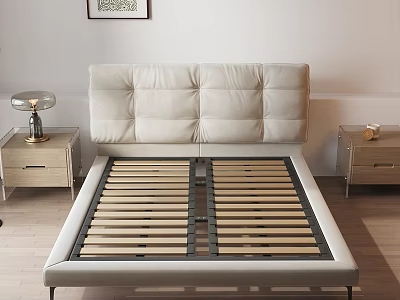 Modern Minimalist Double Bed With Padded Headboard Wooden Slats And Nightstands 3d model