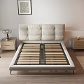 Modern Minimalist Double Bed With Padded Headboard Wooden Slats And Nightstands