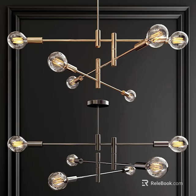 Modern Geometric Chandelier With Gold Metal Frame And Multiple Clear Glass Bulbs 3d model 