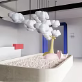 Playful Indoor Space With Hanging Clouds Giraffe Sculpture Pink Ball Pit And Blue Door Frame