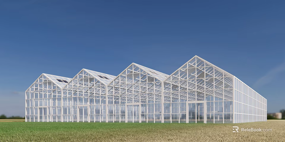 Modern Industrial Factory Building With Glass Steel Structure And Gabled Roofs 3d model 