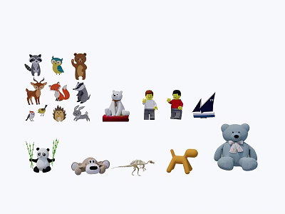 Assorted Stuffed Animal Toys Including Bears Pandas Dinosaurs And Lego Figures 3d model