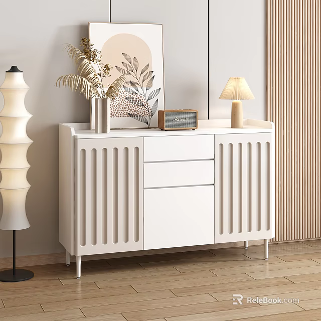 Modern White Sideboard With Vertical Slats Design And Decorative Items In Living Room 3d model 