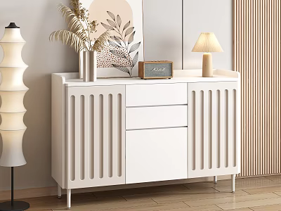 Modern White Sideboard With Vertical Slats Design And Decorative Items In Living Room 3d model