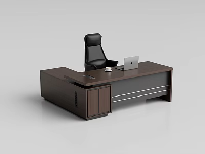 Modern Dark Brown Office Desk With Black Office Chair Laptop And Cup On Top 3d model