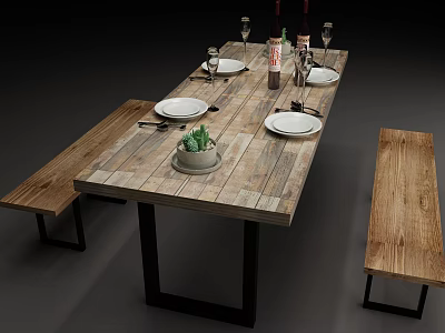 Rustic Wooden Dining Table Set With Metal Legs Benches Plates And Wine Glasses 3d model