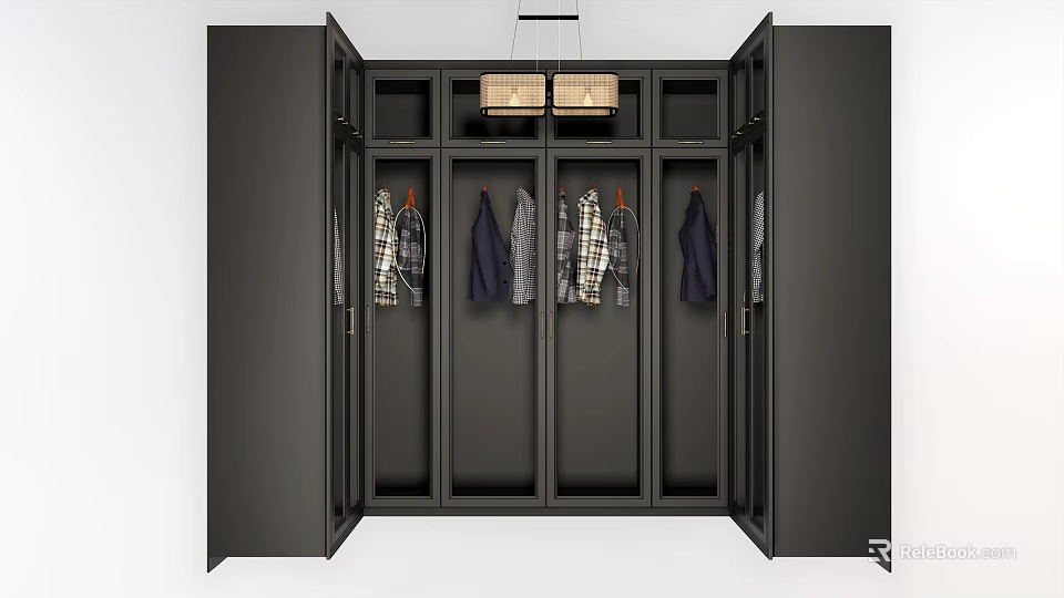 Black Open Wardrobe Modern Design Interior With Hanging Rods Shelves And Clothes 3d model 
