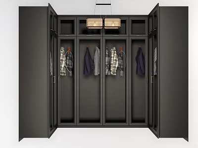 Black Open Wardrobe Modern Design Interior With Hanging Rods Shelves And Clothes 3d model