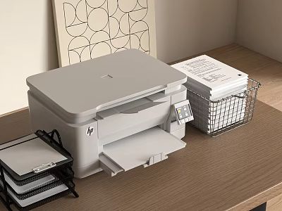 HP Multifunction Office Printer On Desk With Paper Tray And File Basket 3d model