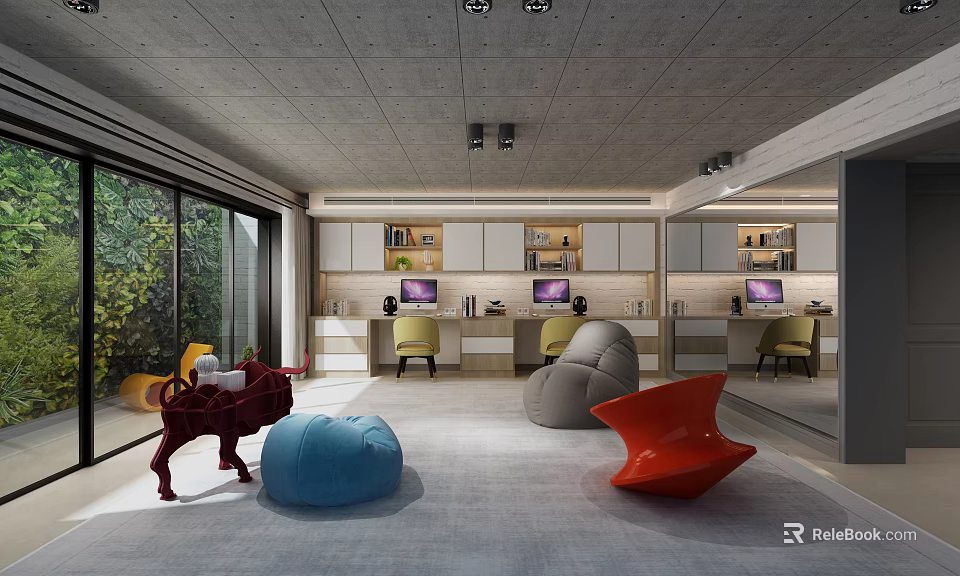 Modern Basement Design Featuring Concrete Ceiling Floor To Ceiling Windows Greenery Workspace Desks Bean Bags 3d model 