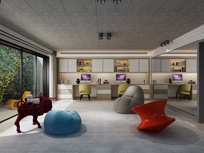 Modern Basement Design Featuring Concrete Ceiling Floor To Ceiling Windows Greenery Workspace Desks Bean Bags 3d model