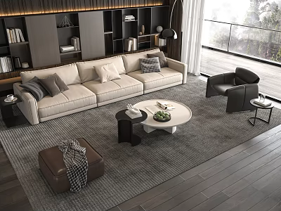 Modern L shaped Light Beige Sofa with Accent Pillows and Round White Coffee Table Set 3d model