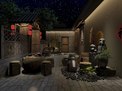 Traditional Chinese Garden Landscape With Red Lanterns Stone Decorations And Night Sky 3d model