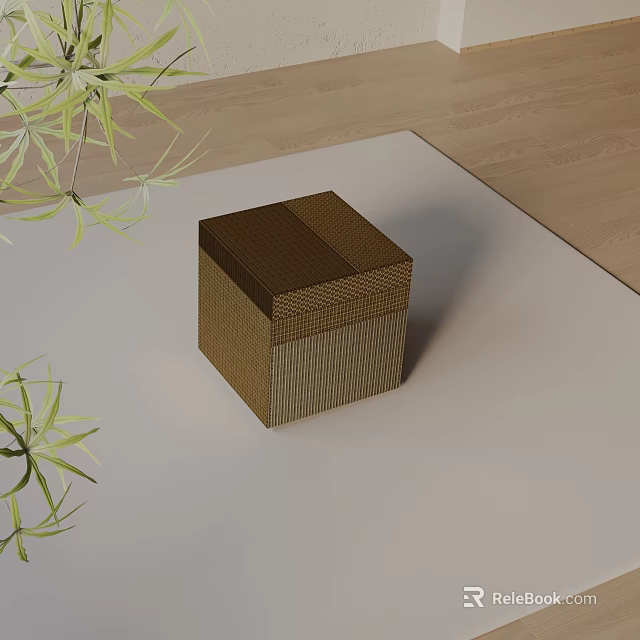 Woven Brown Square Side Table With Green Plants On Light Carpet 3d model 