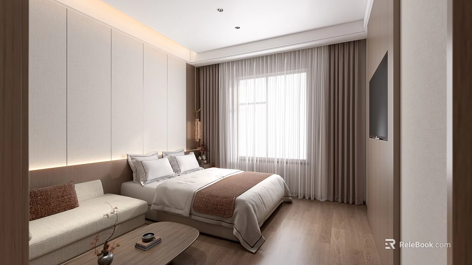 Modern Hotel Guest Room With King Bed Beige Sofa Coffee Table And TV 3d model 
